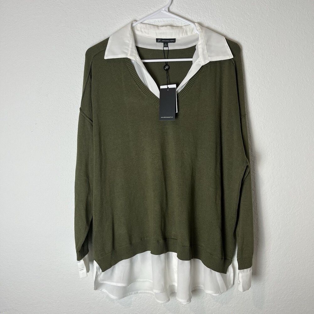 NWT Adriana Appel Mixed Media Long Sleeve Shirt V Neck Green XL 216